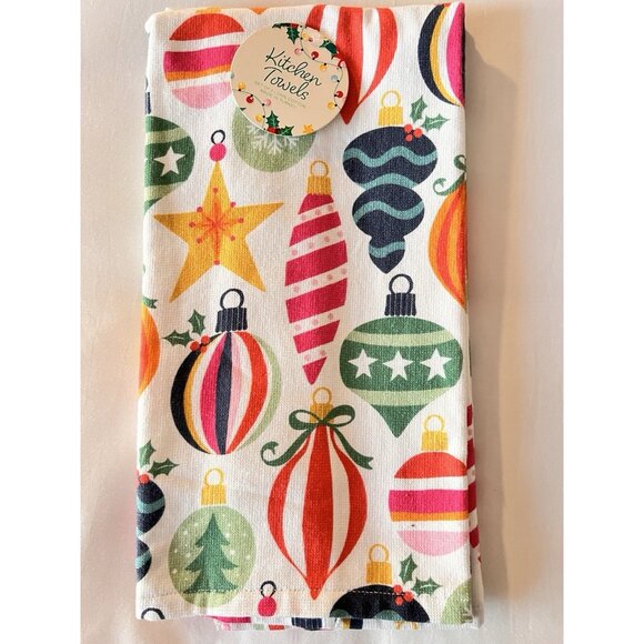 CHRISTMAS Ornaments Kitchen Towel S/2 COLORFUL 20 x 28 HOSTESS Secret Santa GIFT - Picture 3 of 8